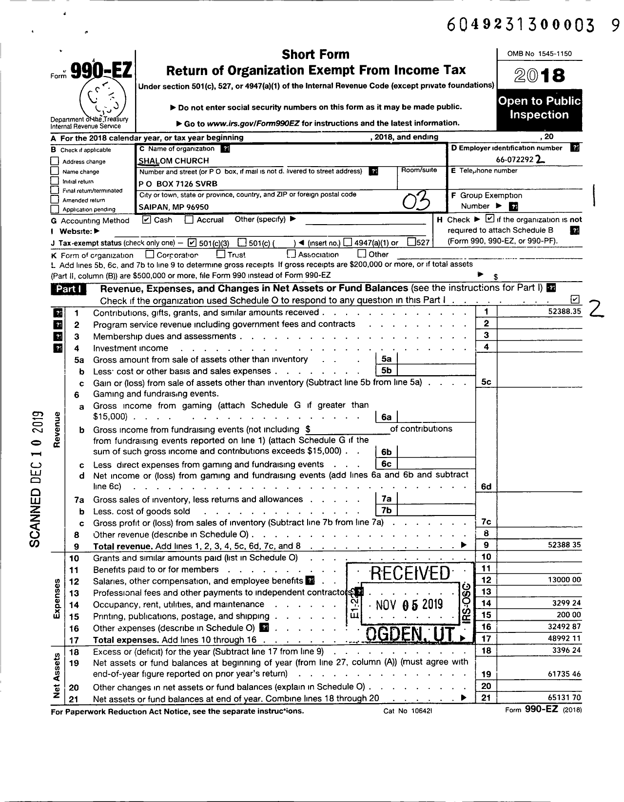 Image of first page of 2018 Form 990EZ for Shalom Church