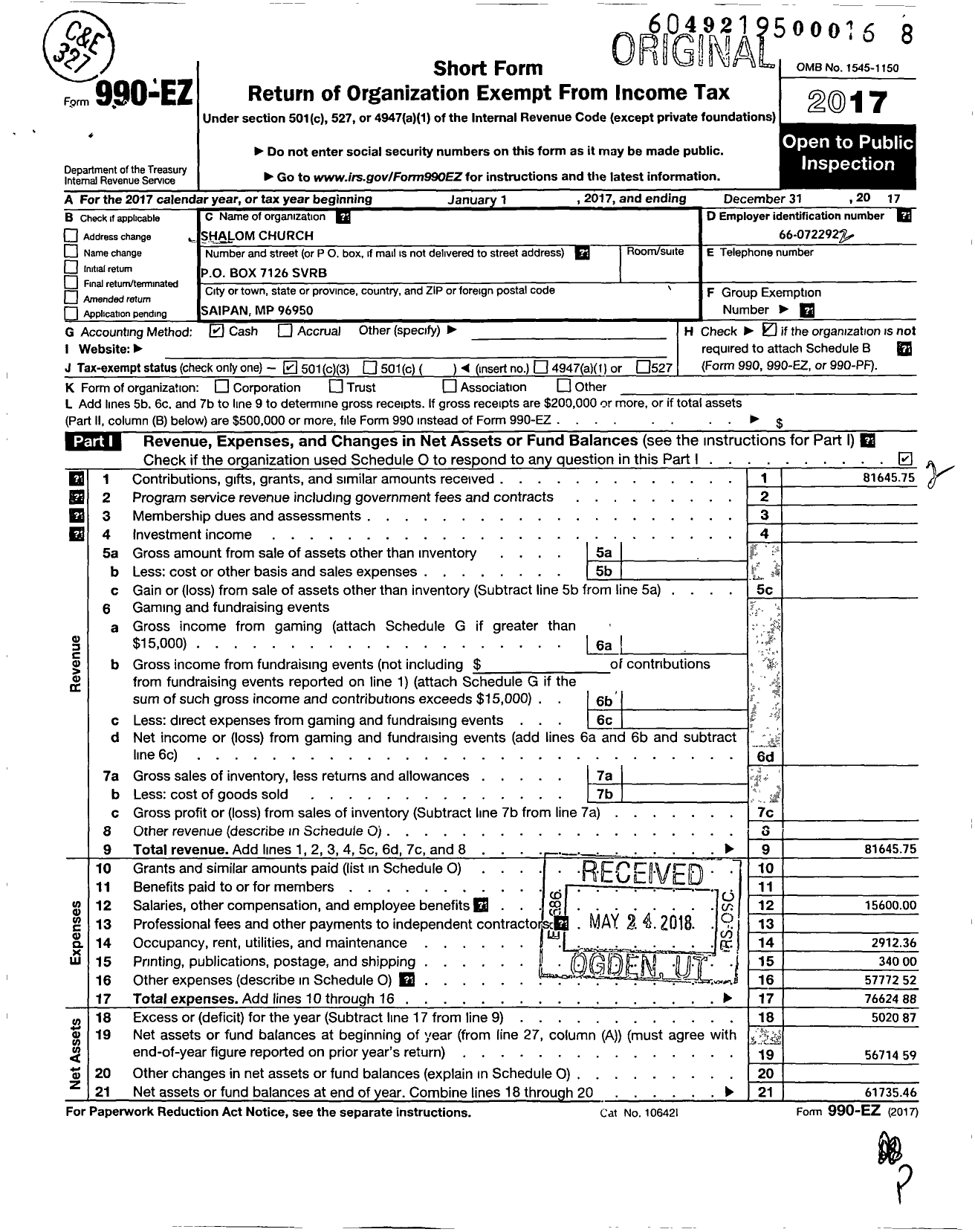 Image of first page of 2017 Form 990EZ for Shalom Church