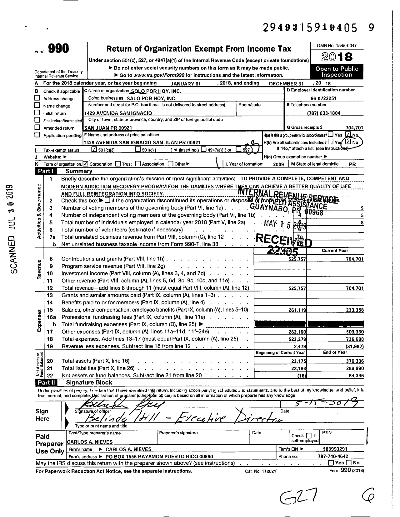 Image of first page of 2018 Form 990 for Solo Por Hoy