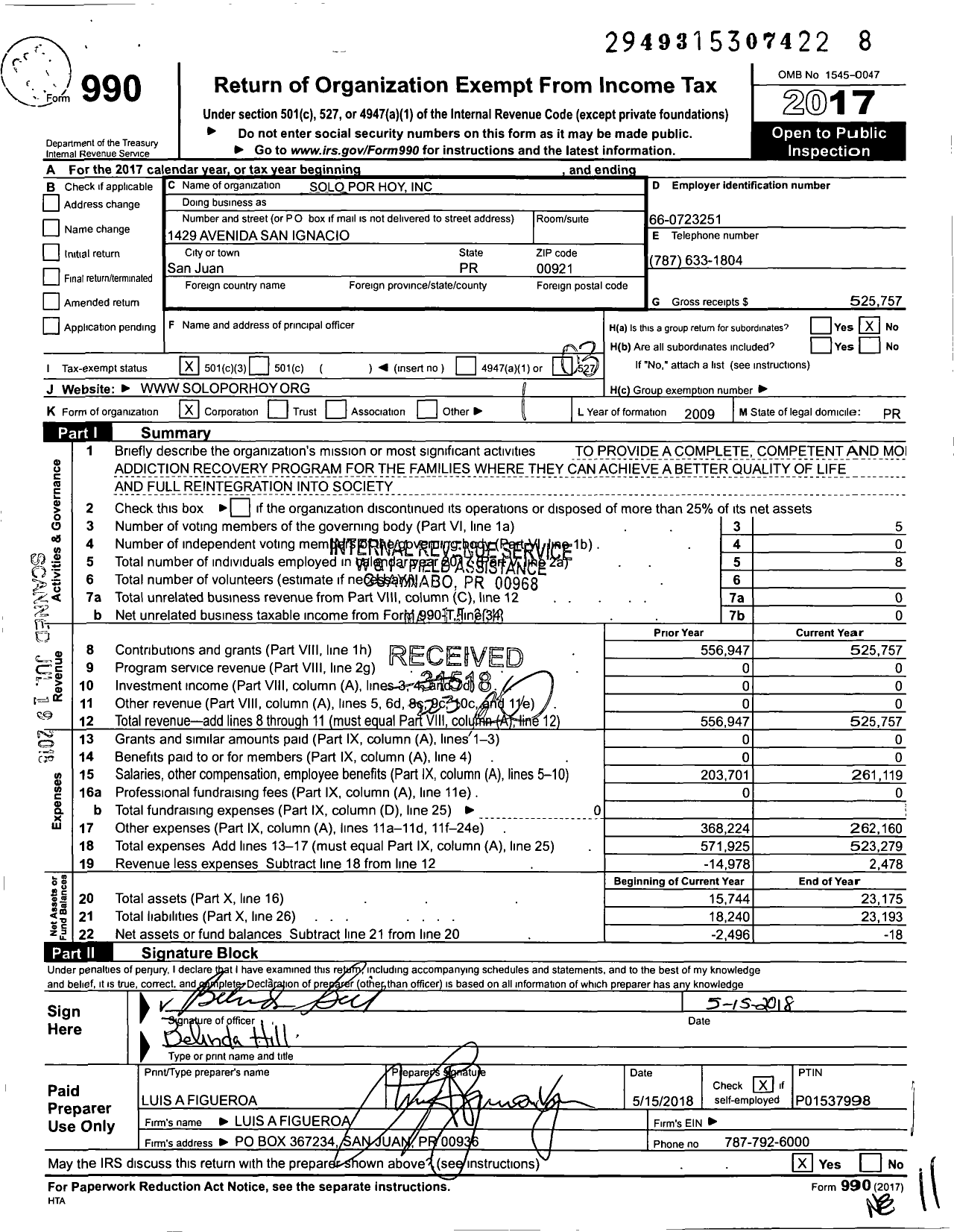 Image of first page of 2017 Form 990 for Solo Por Hoy