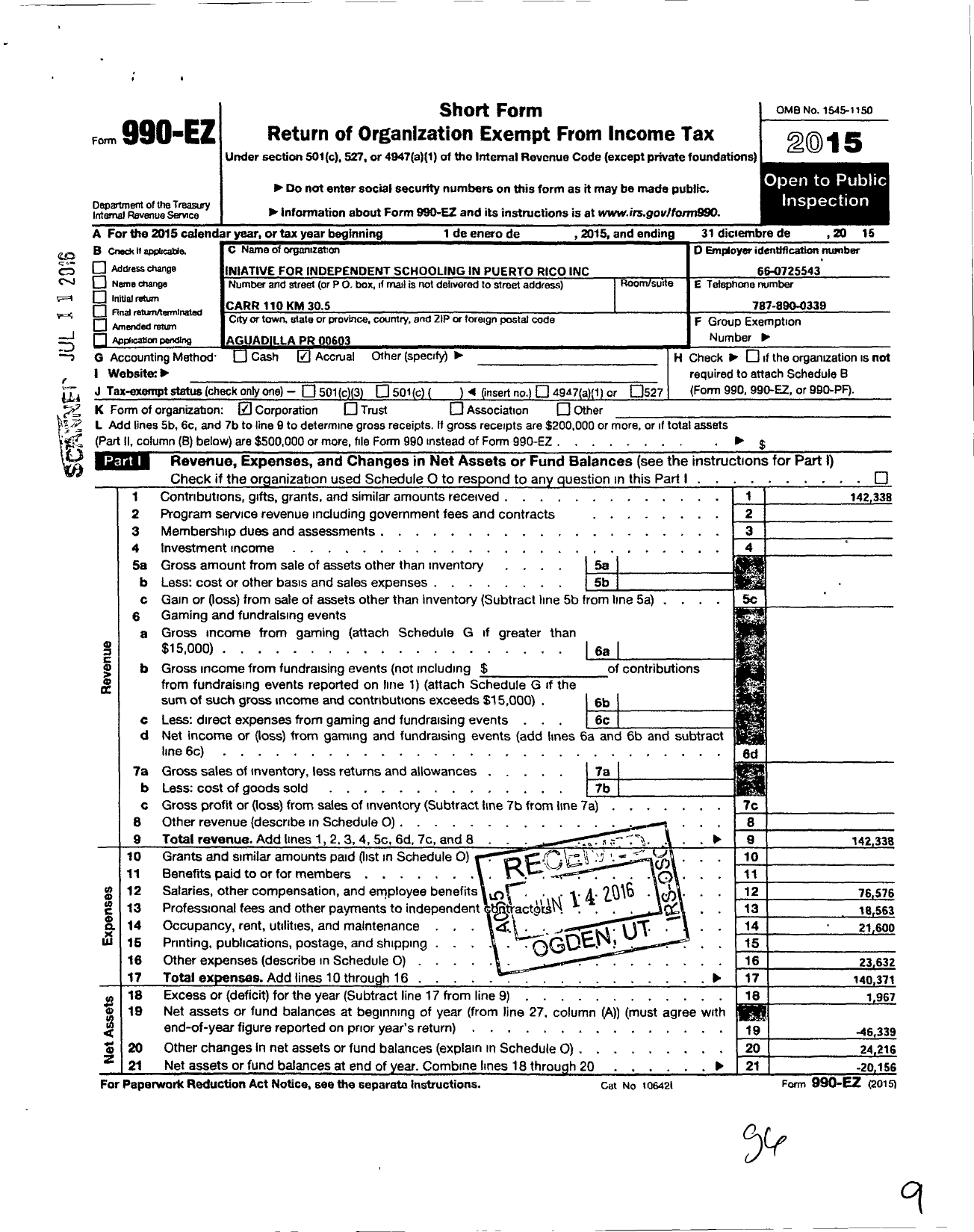 Image of first page of 2015 Form 990EO for Initiative for Independent Schooling in PR