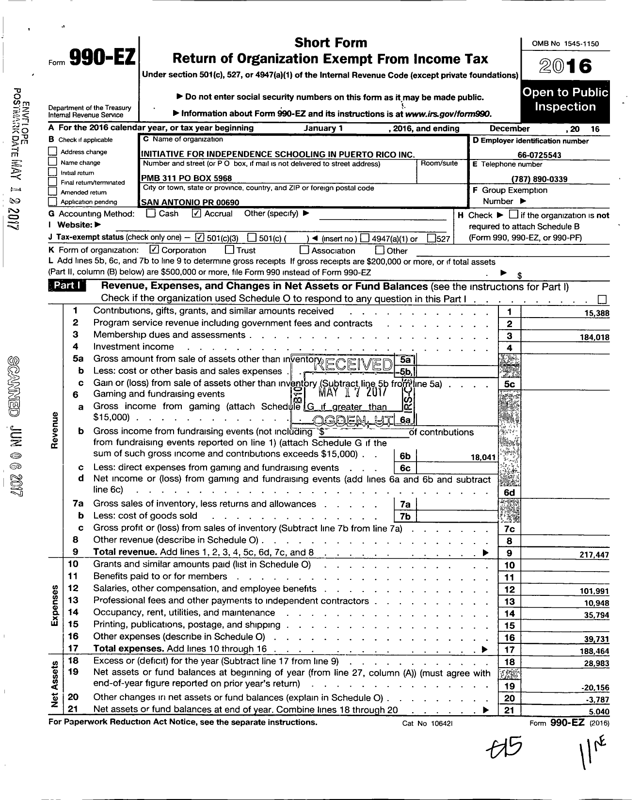 Image of first page of 2016 Form 990EZ for Initiative for Independent Schooling in PR