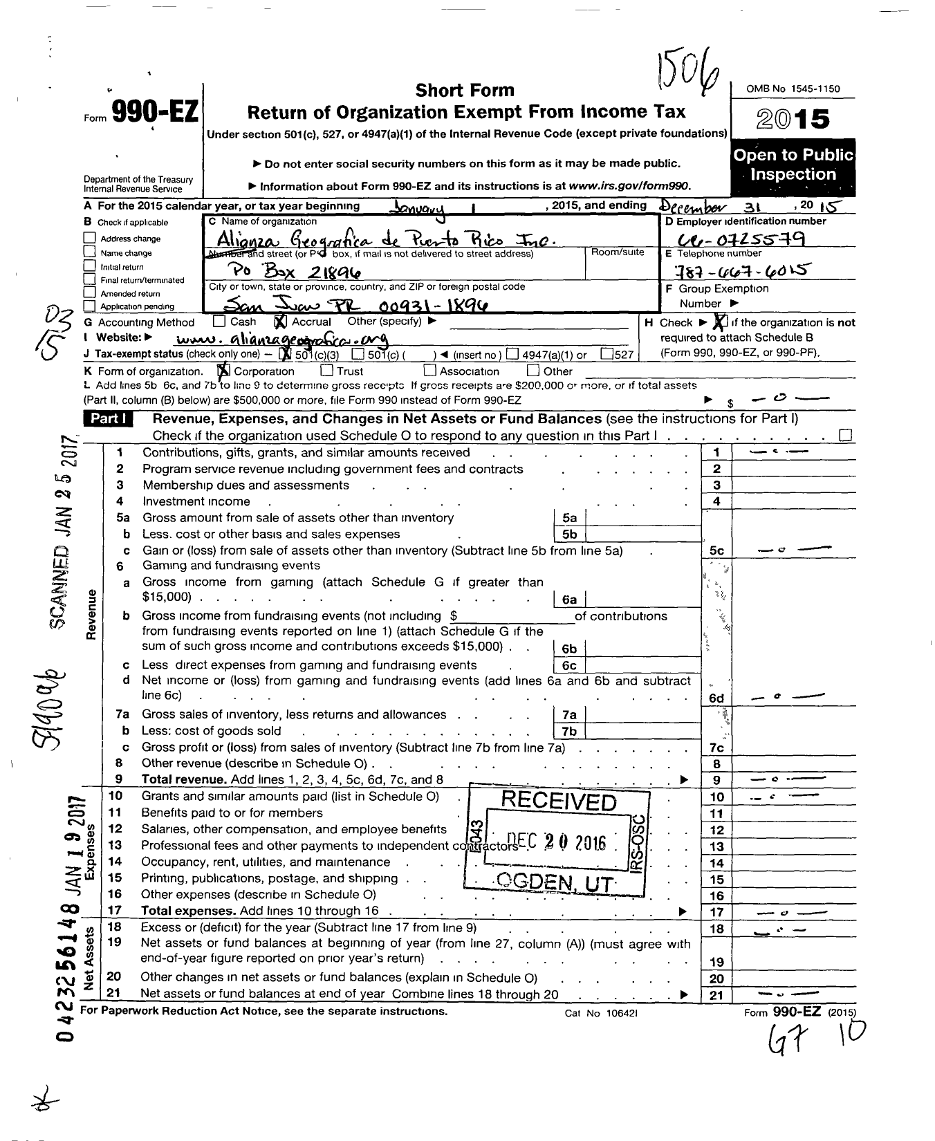 Image of first page of 2015 Form 990EZ for Alianza Geografica de Puerto Rico