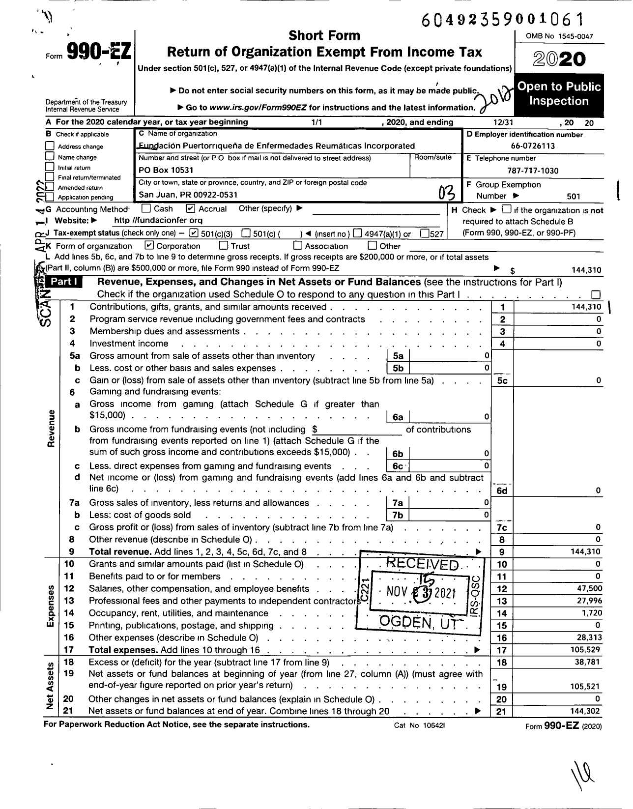 Image of first page of 2020 Form 990EZ for Fundacion Puertorriquena de Enfermedades Reumaticas