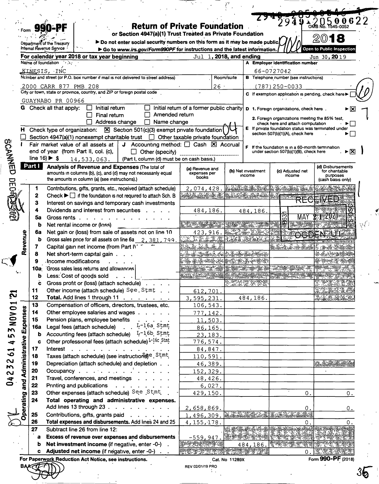 Image of first page of 2018 Form 990PF for Kinesis