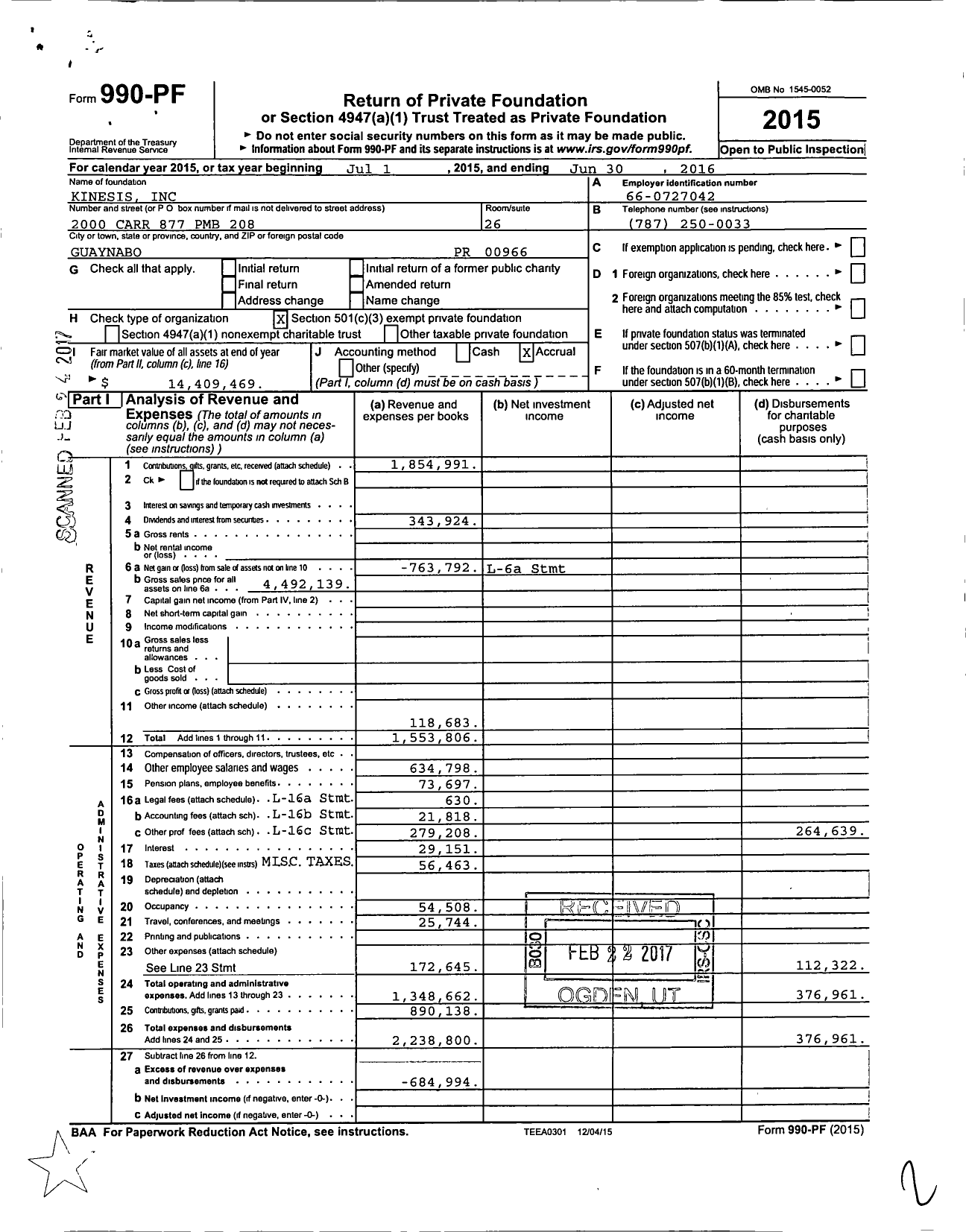Image of first page of 2015 Form 990PF for Kinesis