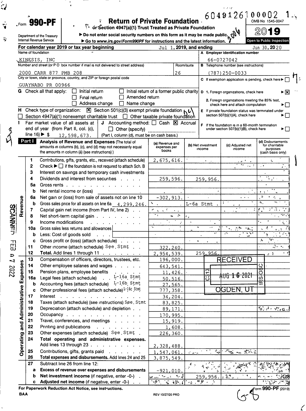 Image of first page of 2019 Form 990PF for Kinesis