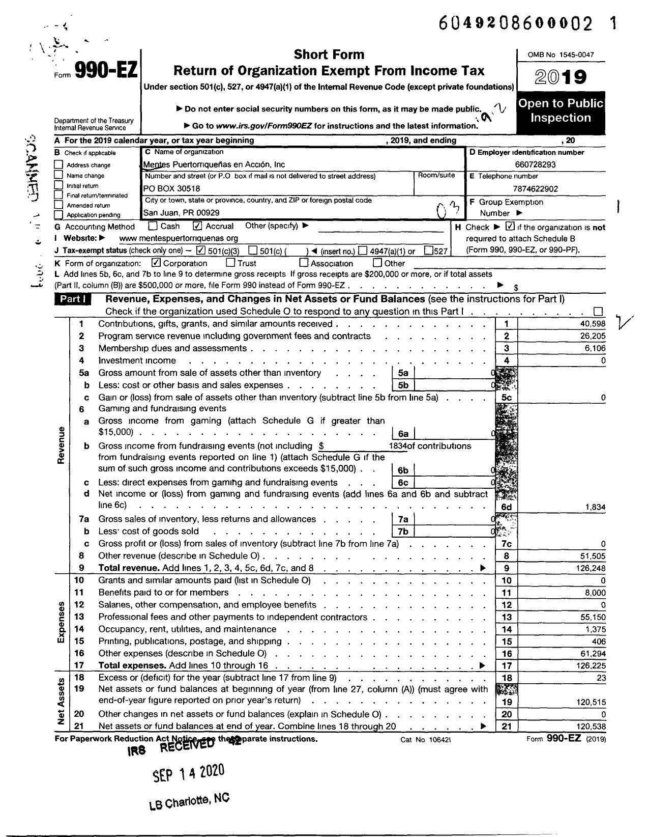 Image of first page of 2019 Form 990EZ for Mentes Puertorriquenas en Accion