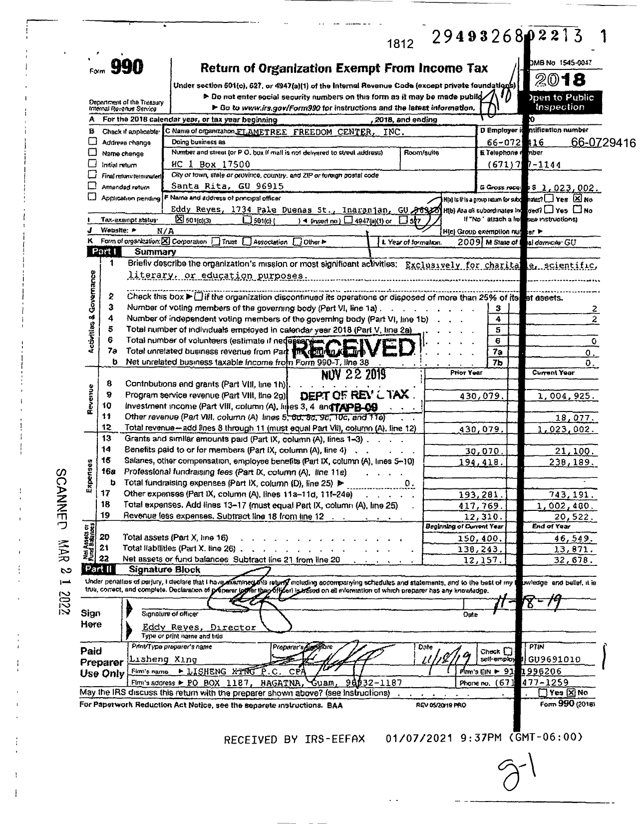 Image of first page of 2018 Form 990 for Flame Treefreedom Center