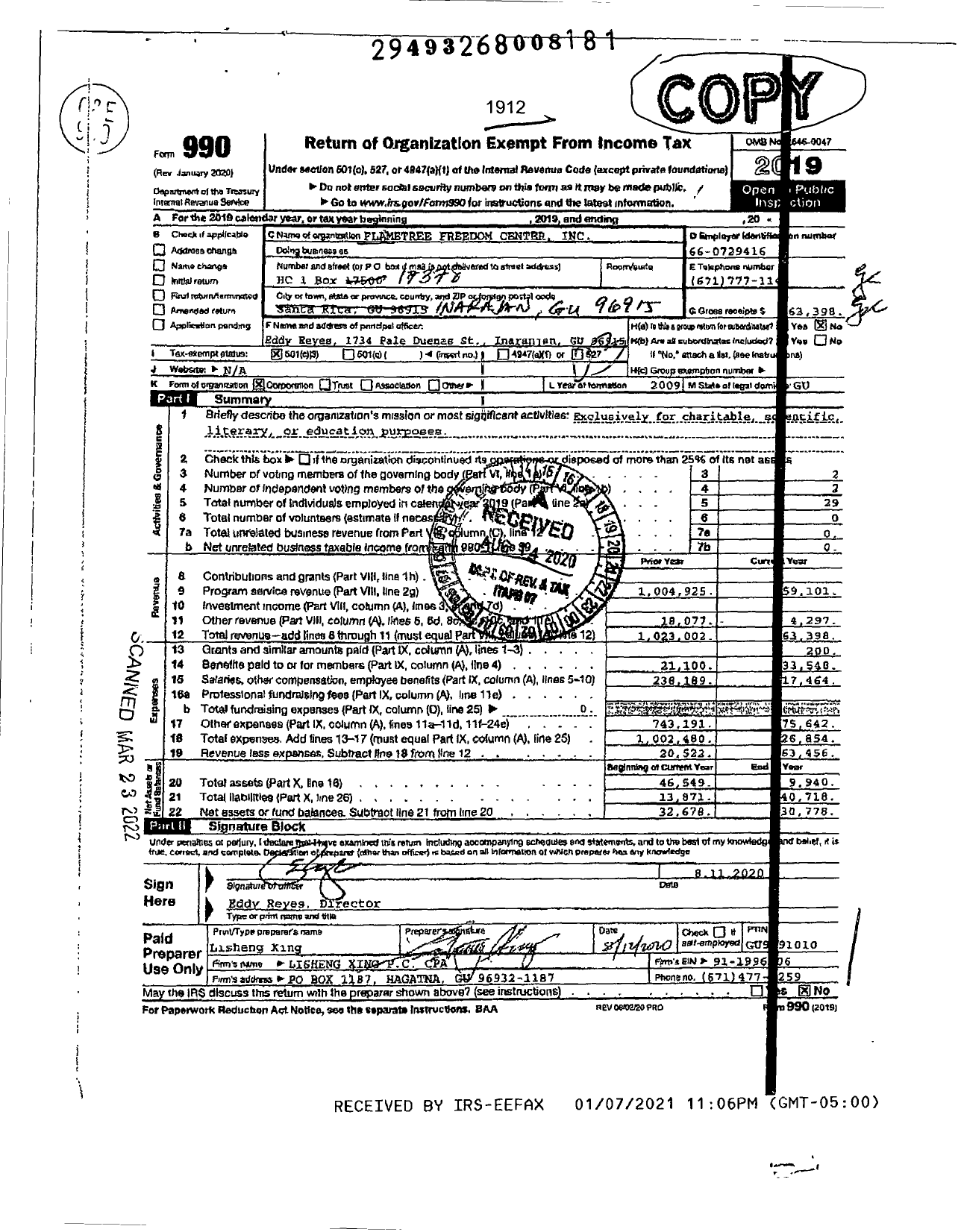 Image of first page of 2019 Form 990 for Flame Treefreedom Center