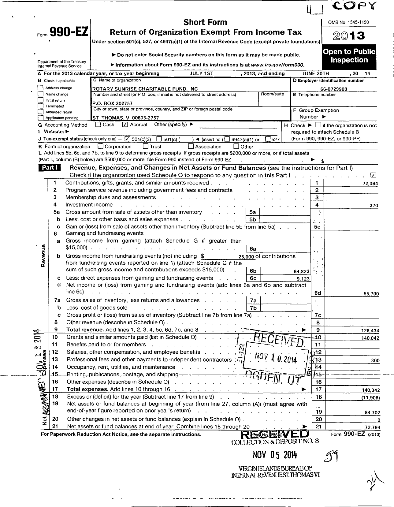 Image of first page of 2013 Form 990EZ for Rotary Sunrise Charitable Fund