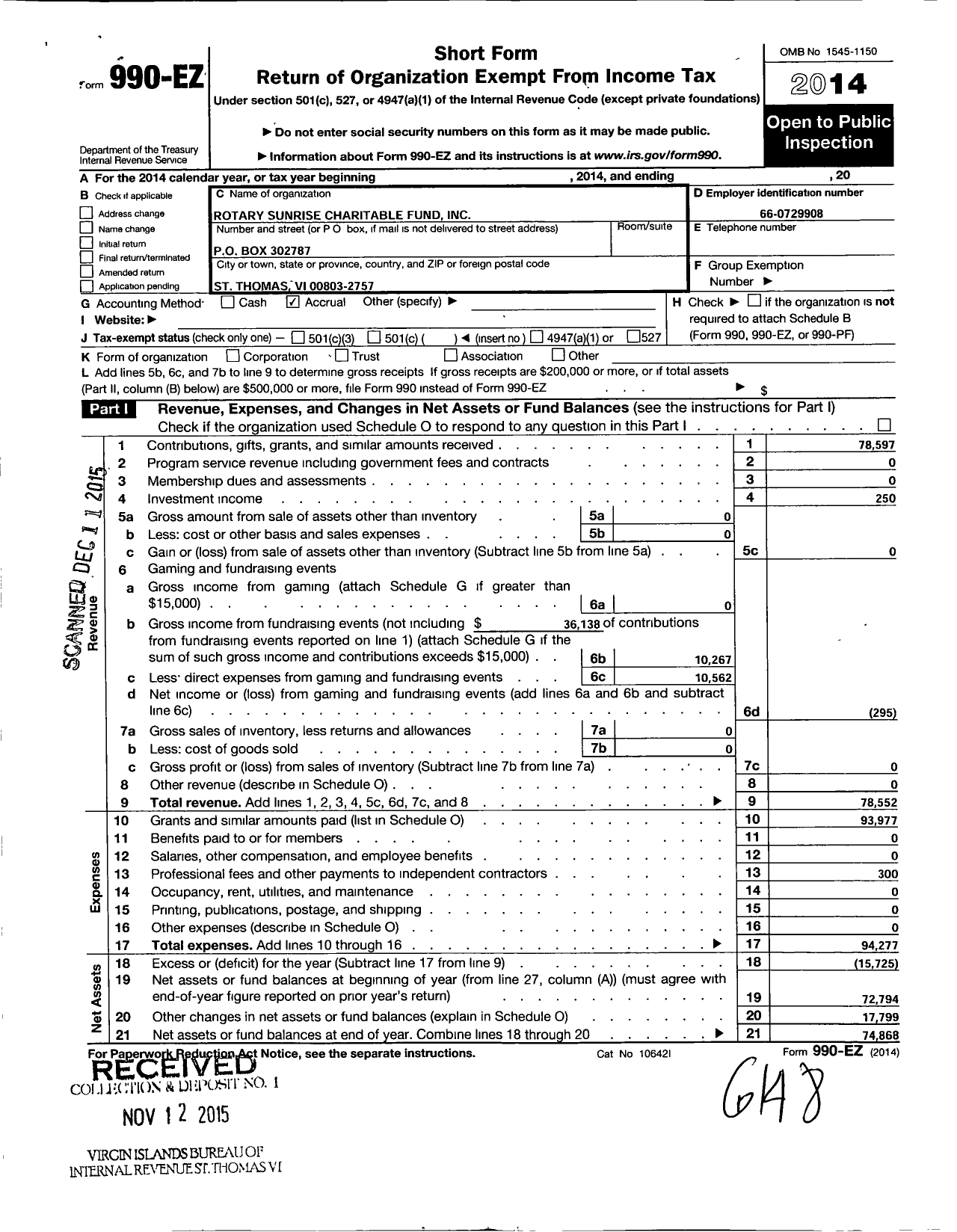 Image of first page of 2014 Form 990EO for Rotary Sunrise Charitable Fund