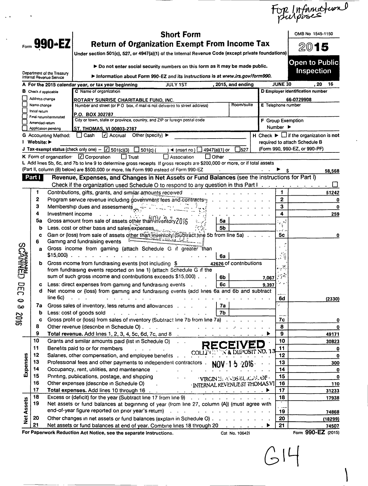 Image of first page of 2015 Form 990EZ for Rotary Sunrise Charitable Fund