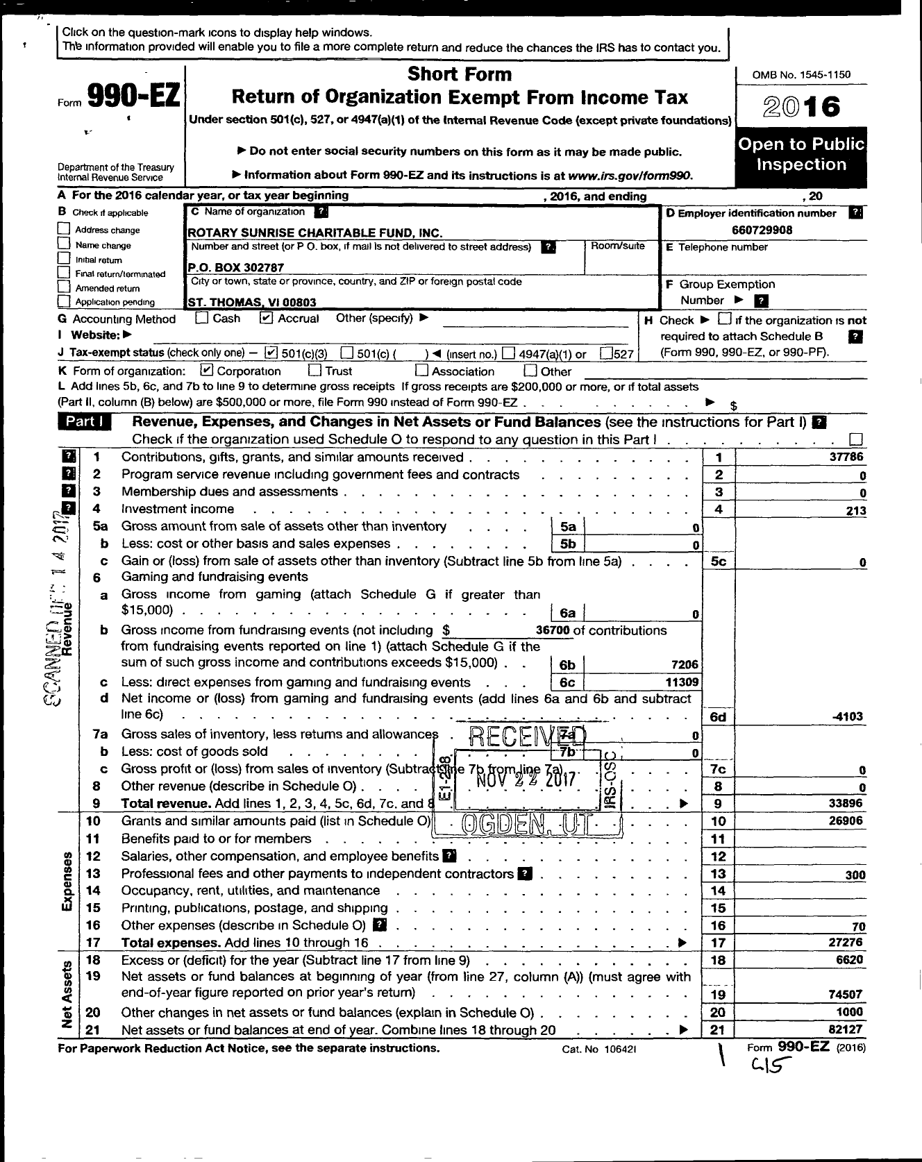 Image of first page of 2016 Form 990EZ for Rotary Sunrise Charitable Fund