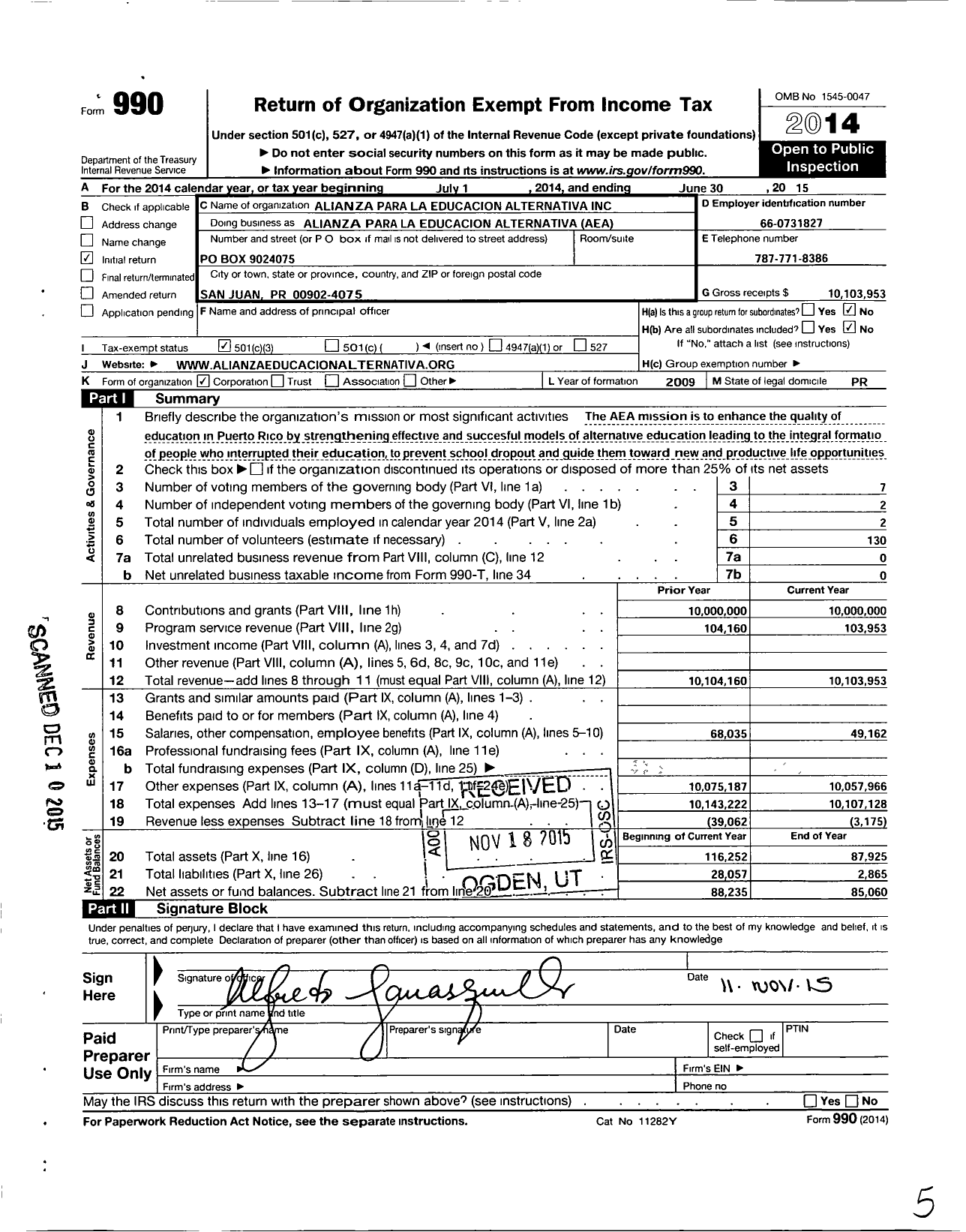 Image of first page of 2014 Form 990 for Alianza Educacion Aea