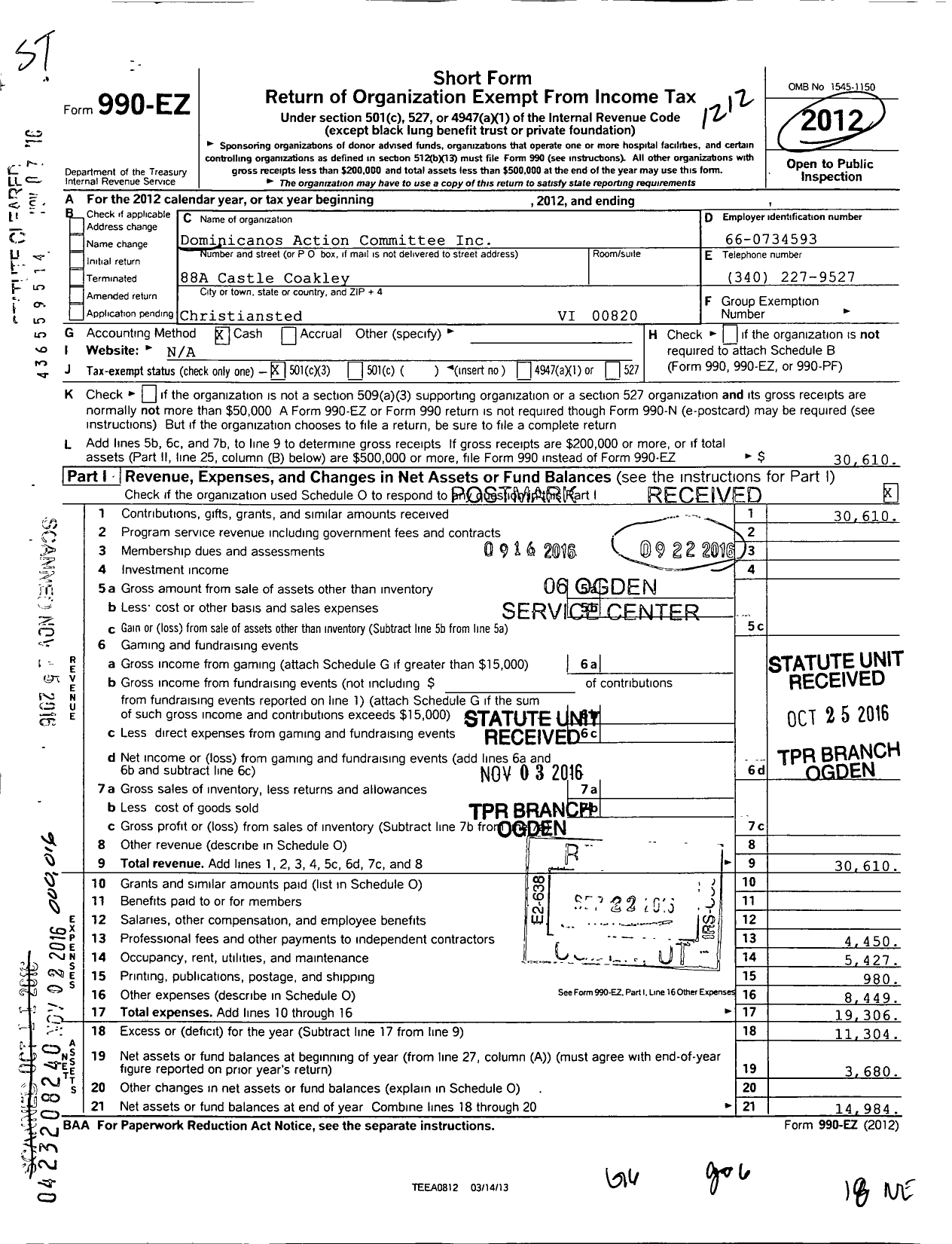 Image of first page of 2012 Form 990EZ for Dominicanos Action Committee