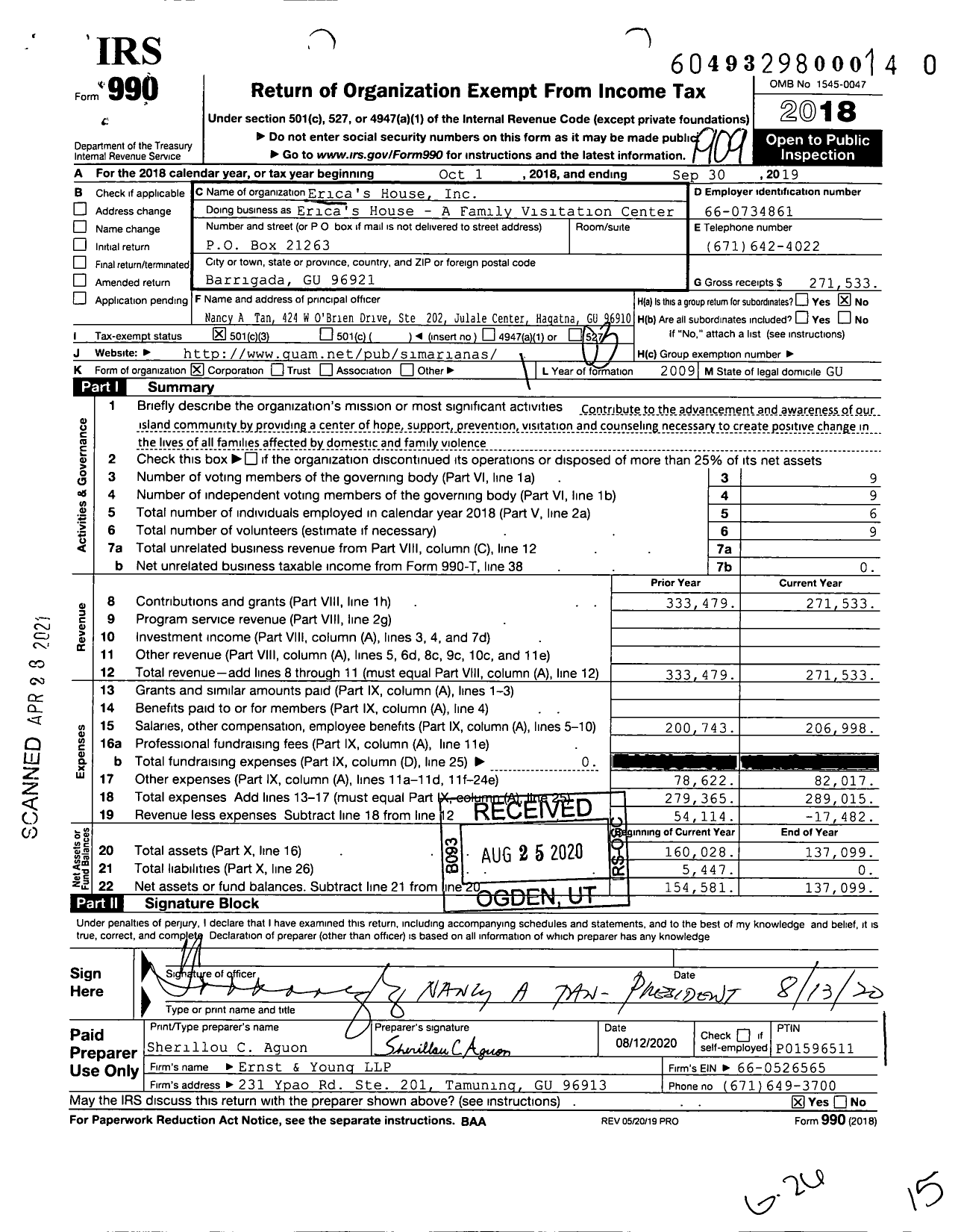 Image of first page of 2018 Form 990 for Erica's House - A Family Visitation Center