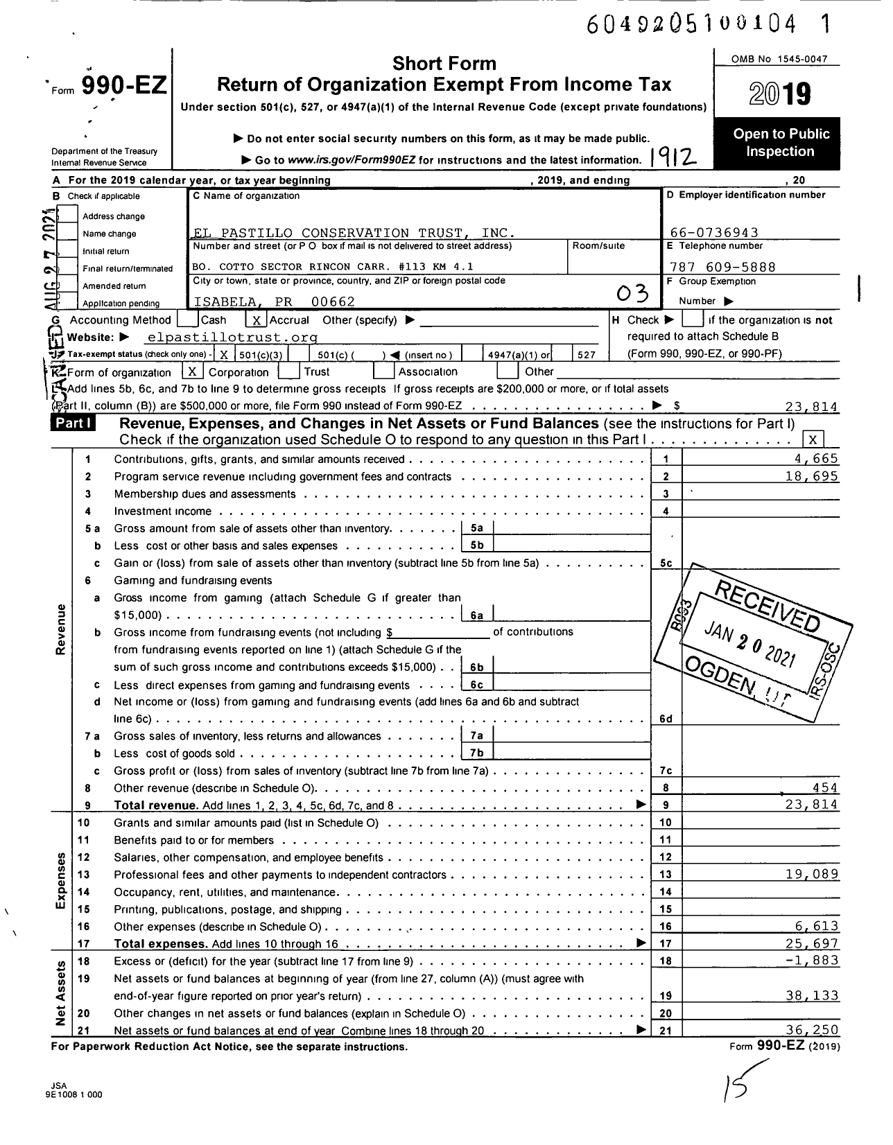 Image of first page of 2019 Form 990EZ for El Pastillo Conservation Trust