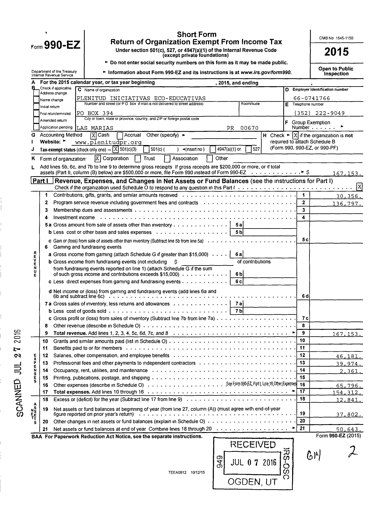 Image of first page of 2015 Form 990EZ for Plenitud Iniciativas Ecoeducativas
