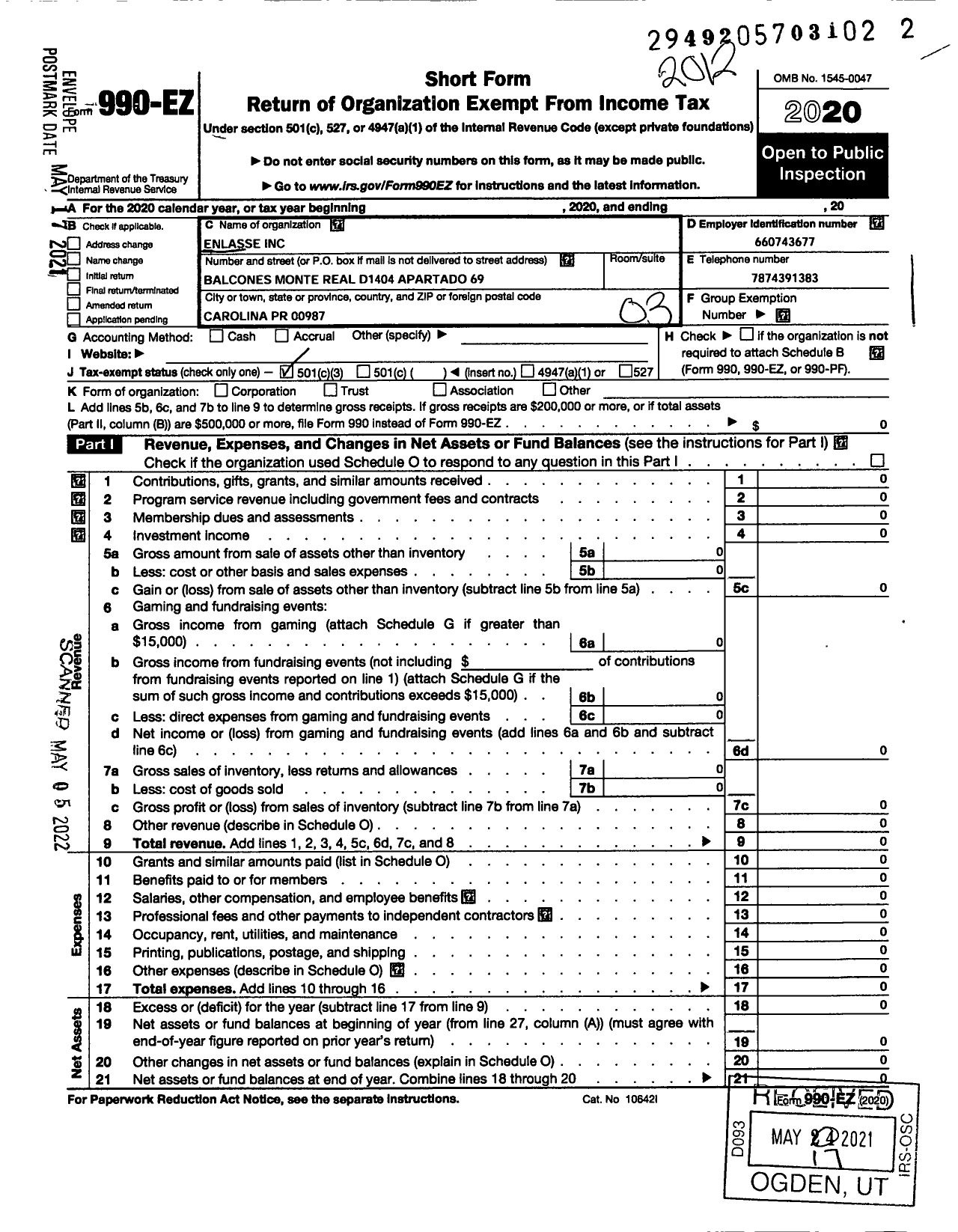 Image of first page of 2020 Form 990EZ for Enlassse