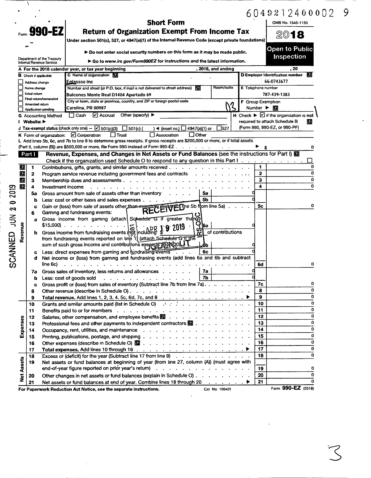 Image of first page of 2018 Form 990EZ for Enlassse