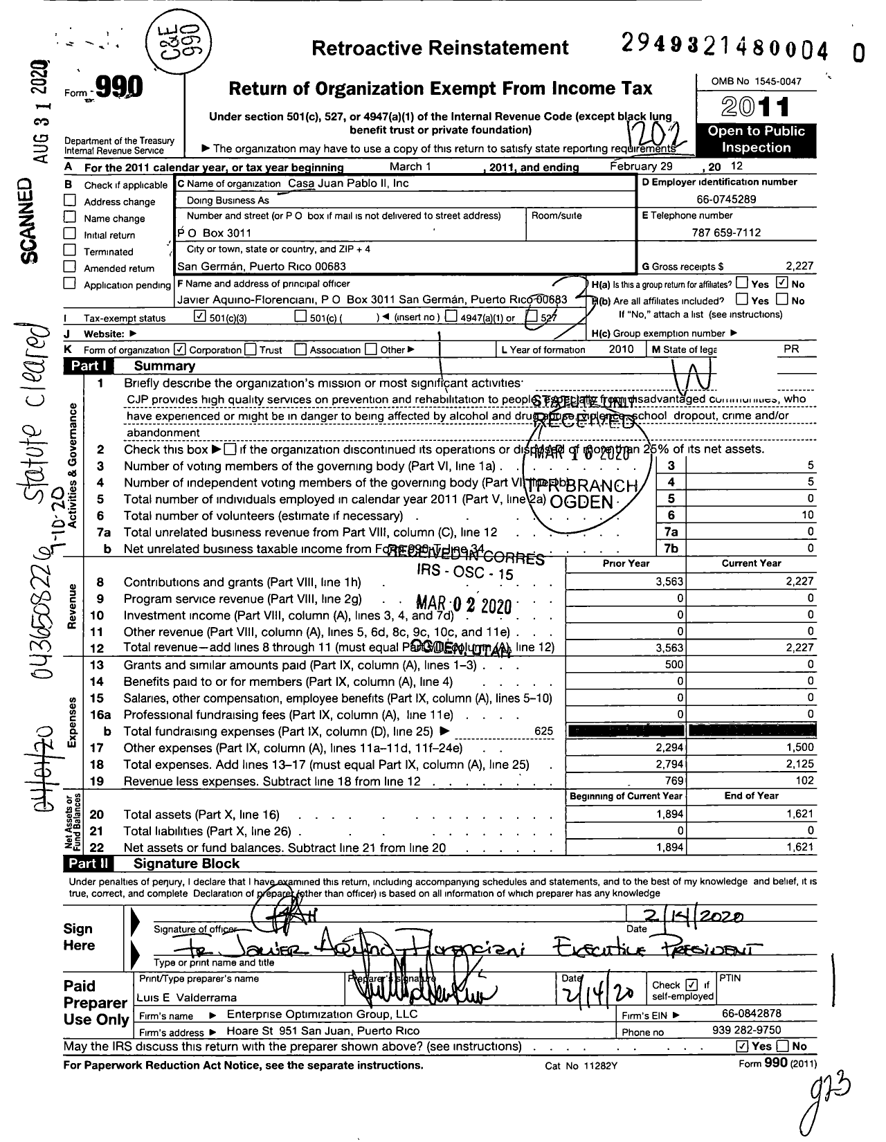 Image of first page of 2011 Form 990 for Casa Juan Pablo Ii