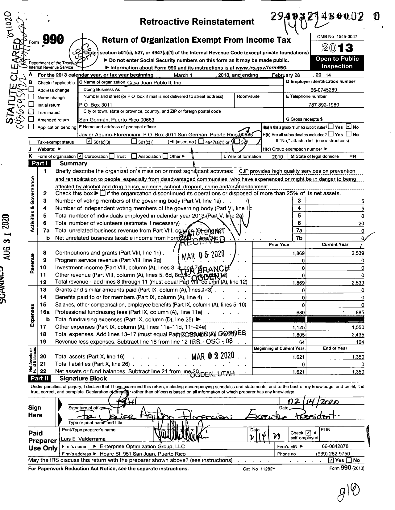 Image of first page of 2013 Form 990 for Casa Juan Pablo Ii