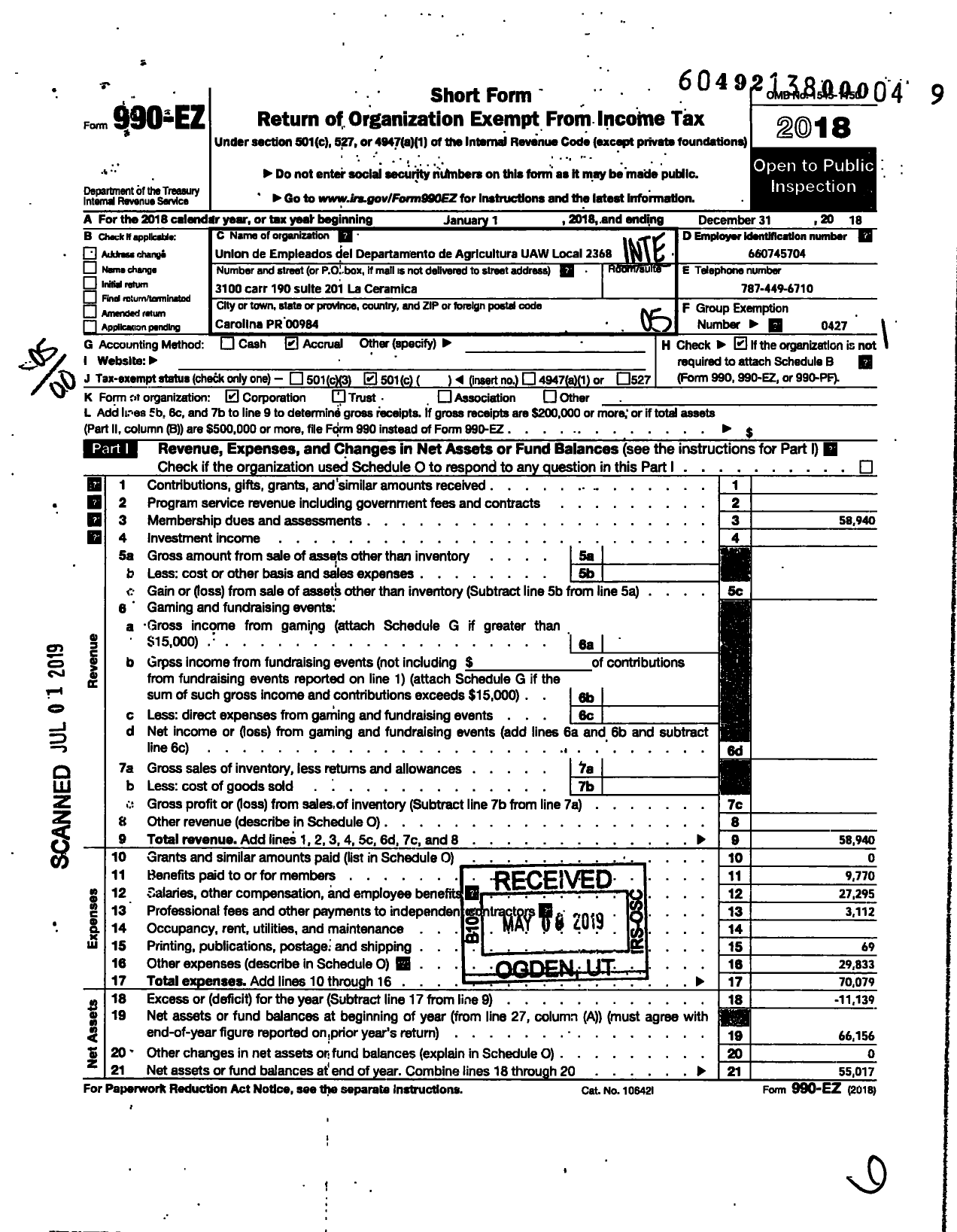 Image of first page of 2018 Form 990EO for Uaw - 2368 Local