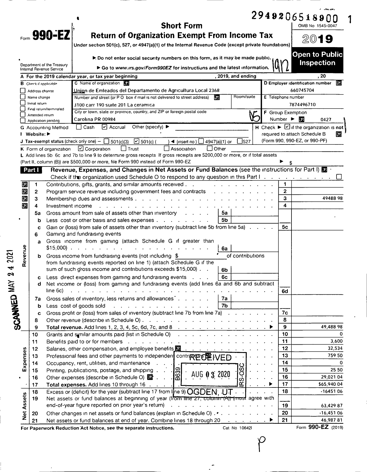 Image of first page of 2019 Form 990EO for Uaw - 2368 Local