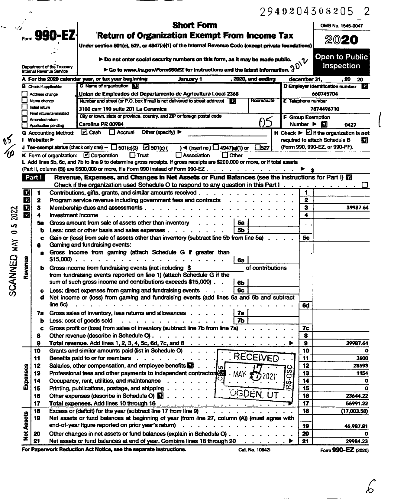 Image of first page of 2020 Form 990EO for Uaw - 2368 Local