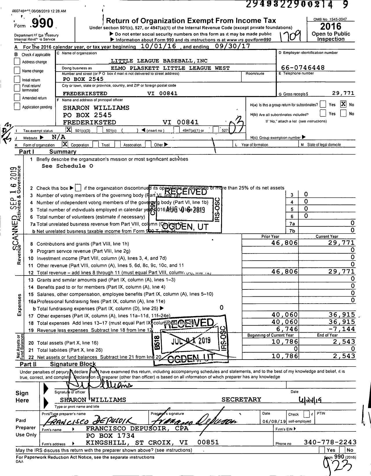 Image of first page of 2016 Form 990 for Little League Baseball - 6650102 Elmo Plaskett West LL
