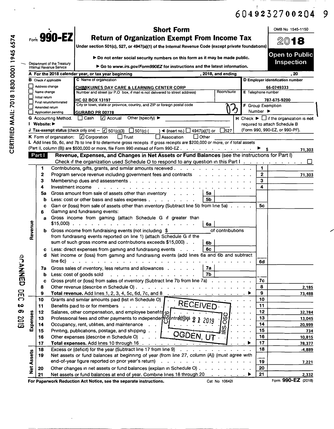 Image of first page of 2018 Form 990EZ for Chimikuines Day Care Learning Center Corporation