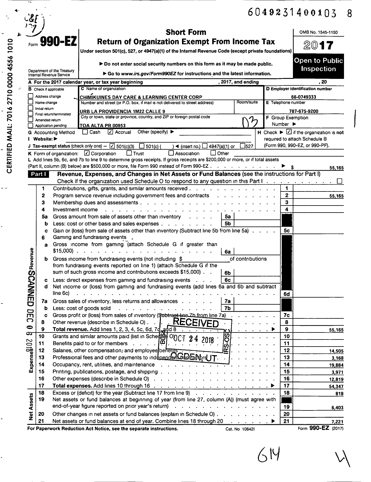 Image of first page of 2017 Form 990EZ for Chimikuines Day Care Learning Center Corporation