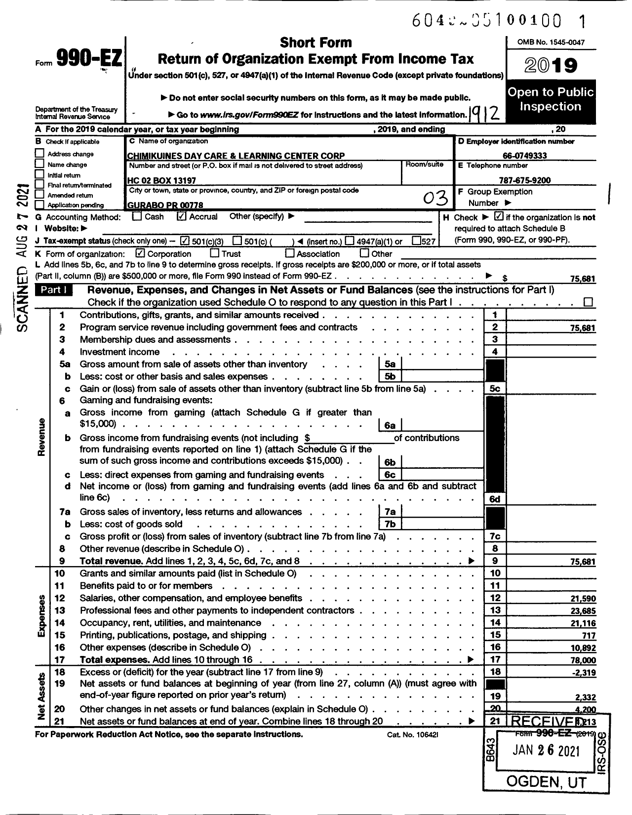 Image of first page of 2019 Form 990EZ for Chimikuines Day Care Learning Center Corporation