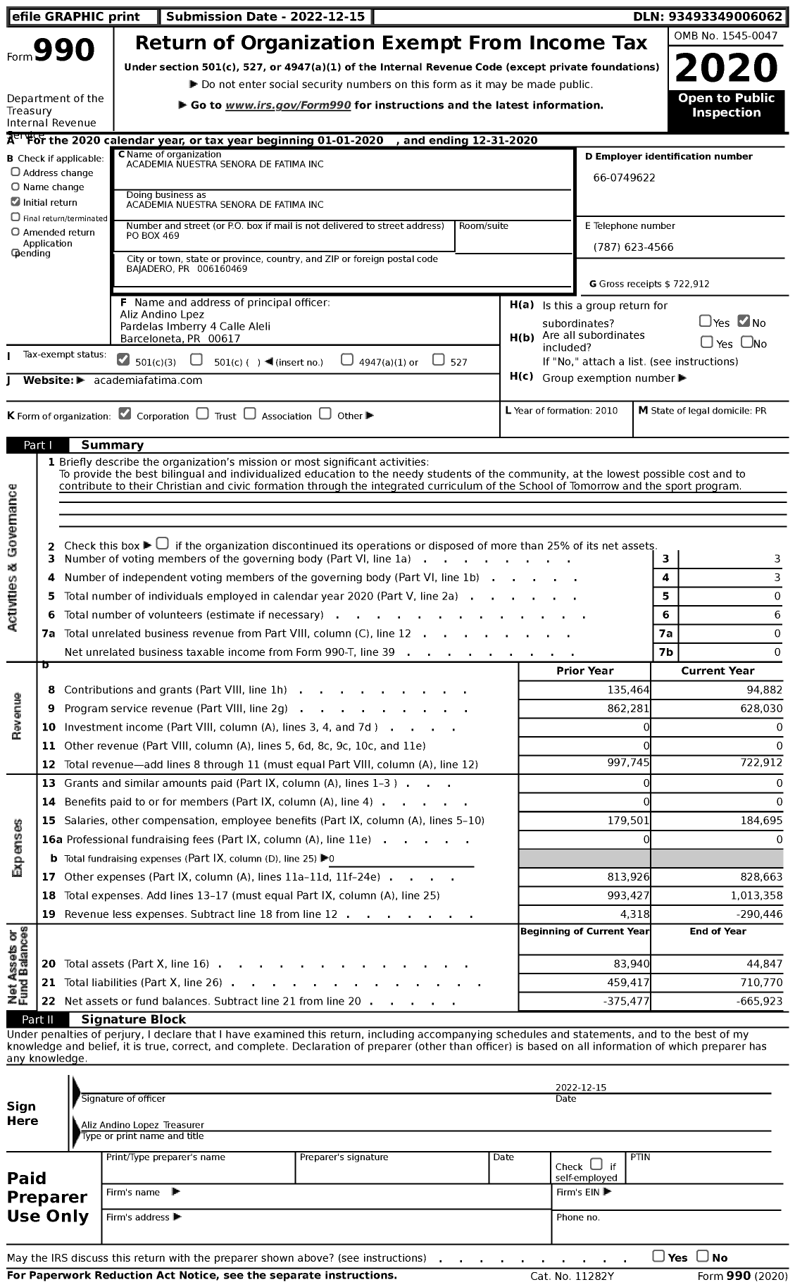 Image of first page of 2020 Form 990 for Academia Nuestra Senora de Fatima