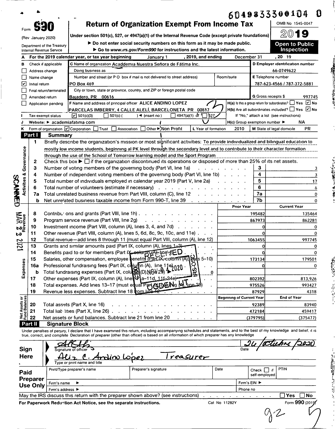 Image of first page of 2019 Form 990 for Academia Nuestra Senora de Fatima