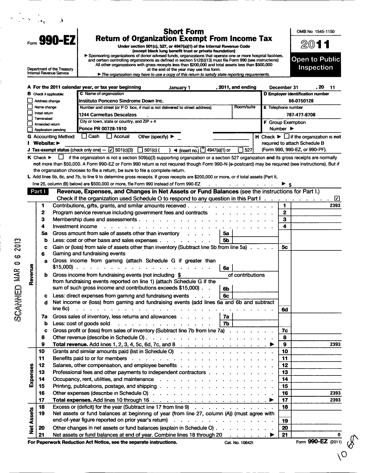 Image of first page of 2011 Form 990EZ for Instituto Ponceno Sindrome Down