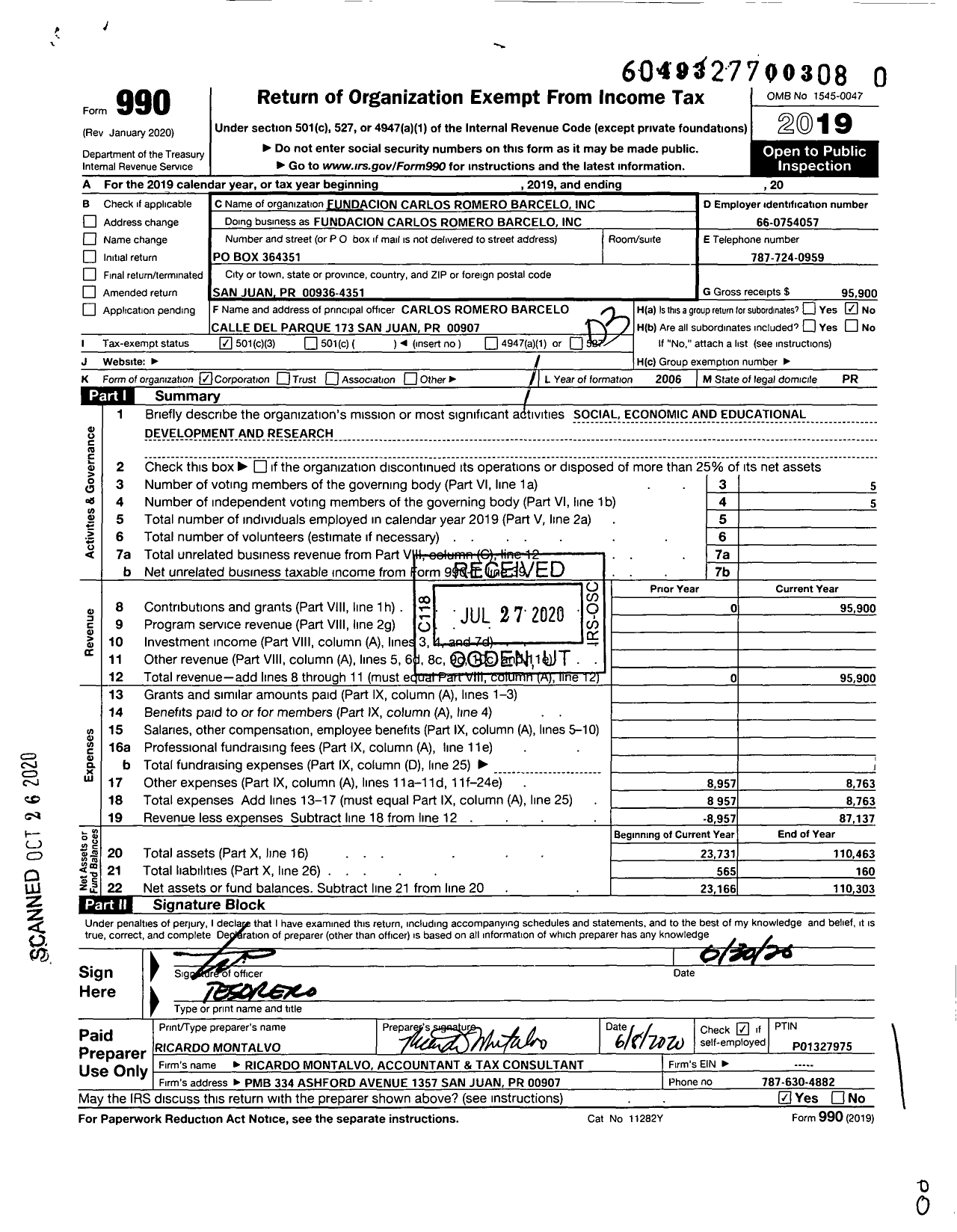 Image of first page of 2019 Form 990 for Fundacion Carlos Romero Barcelo