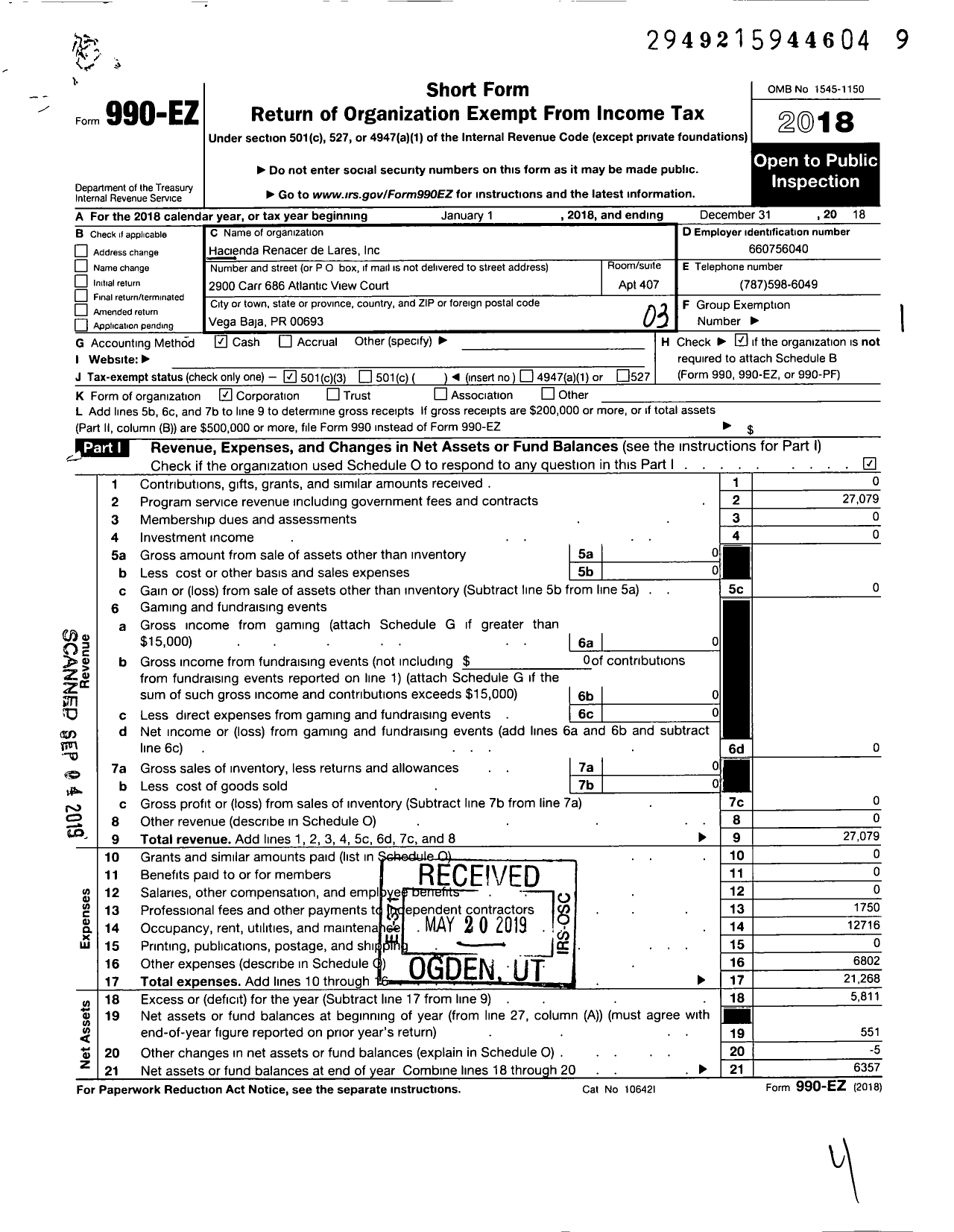 Image of first page of 2018 Form 990EZ for Hacienda Renacer