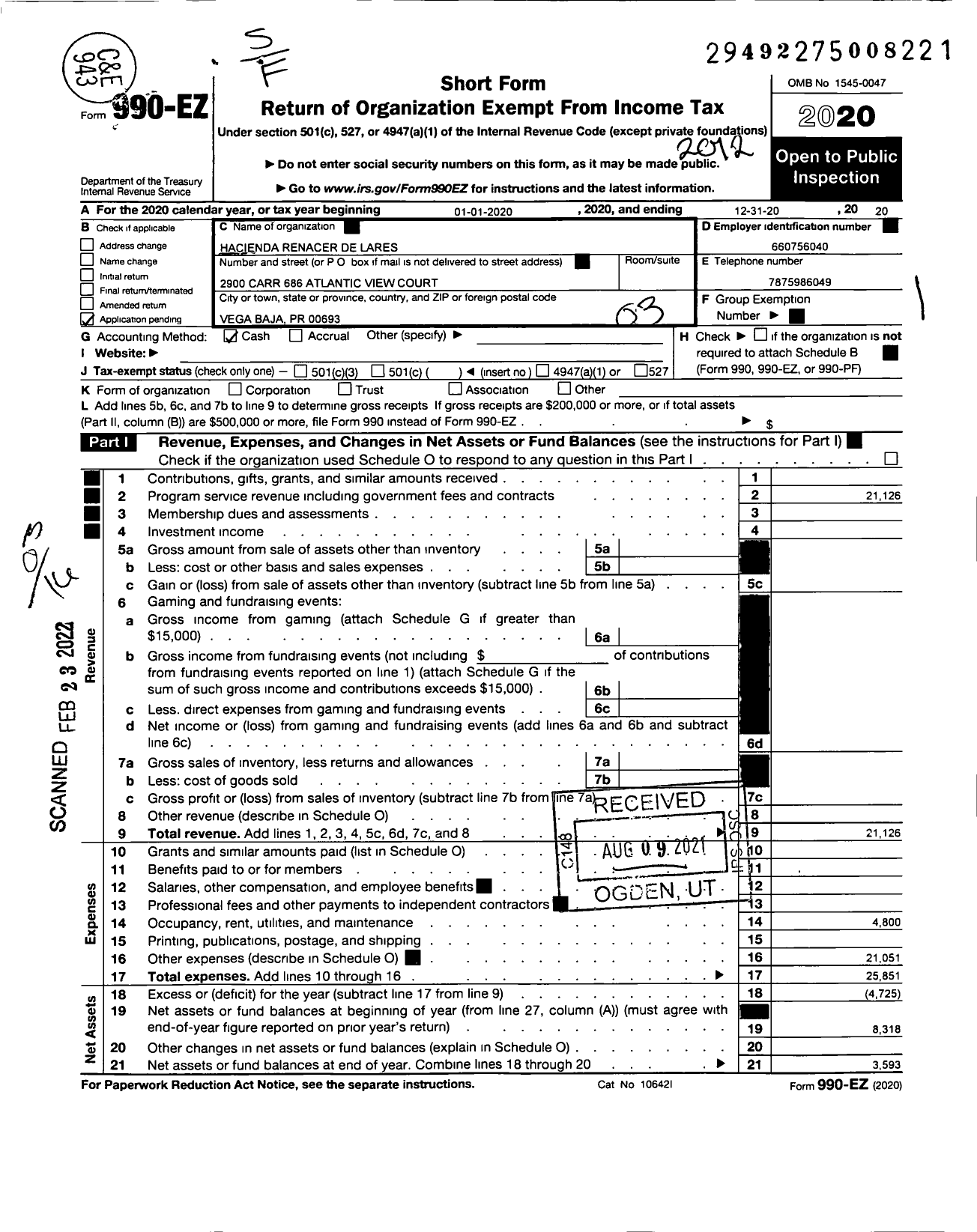 Image of first page of 2020 Form 990EZ for Hacienda Renacer