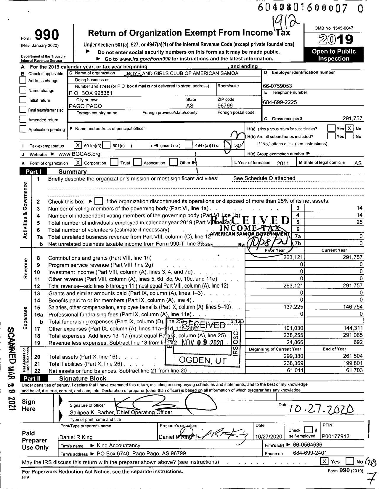 Image of first page of 2019 Form 990 for Boys and Girls Club of American Samoa