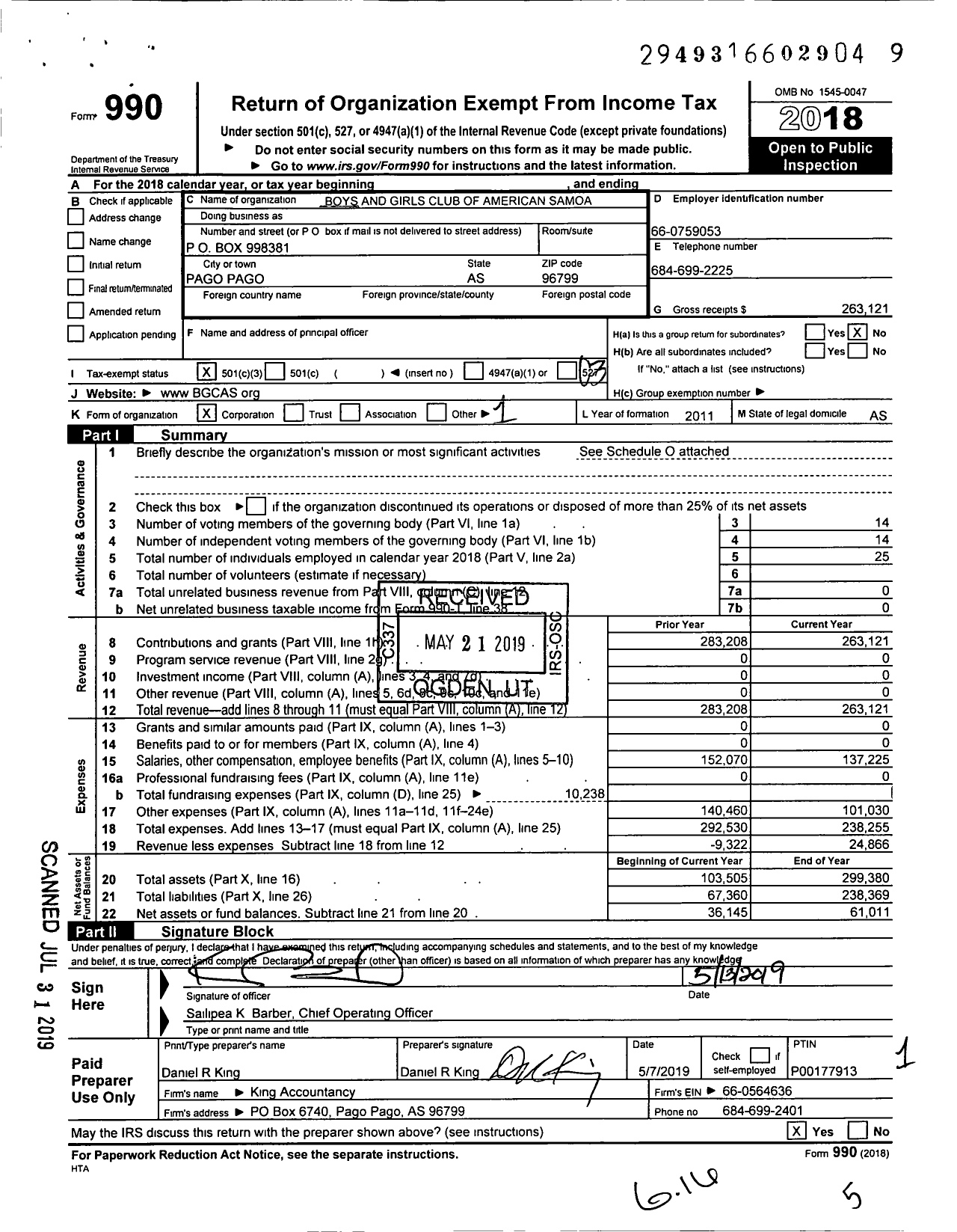 Image of first page of 2018 Form 990 for Boys and Girls Club of American Samoa