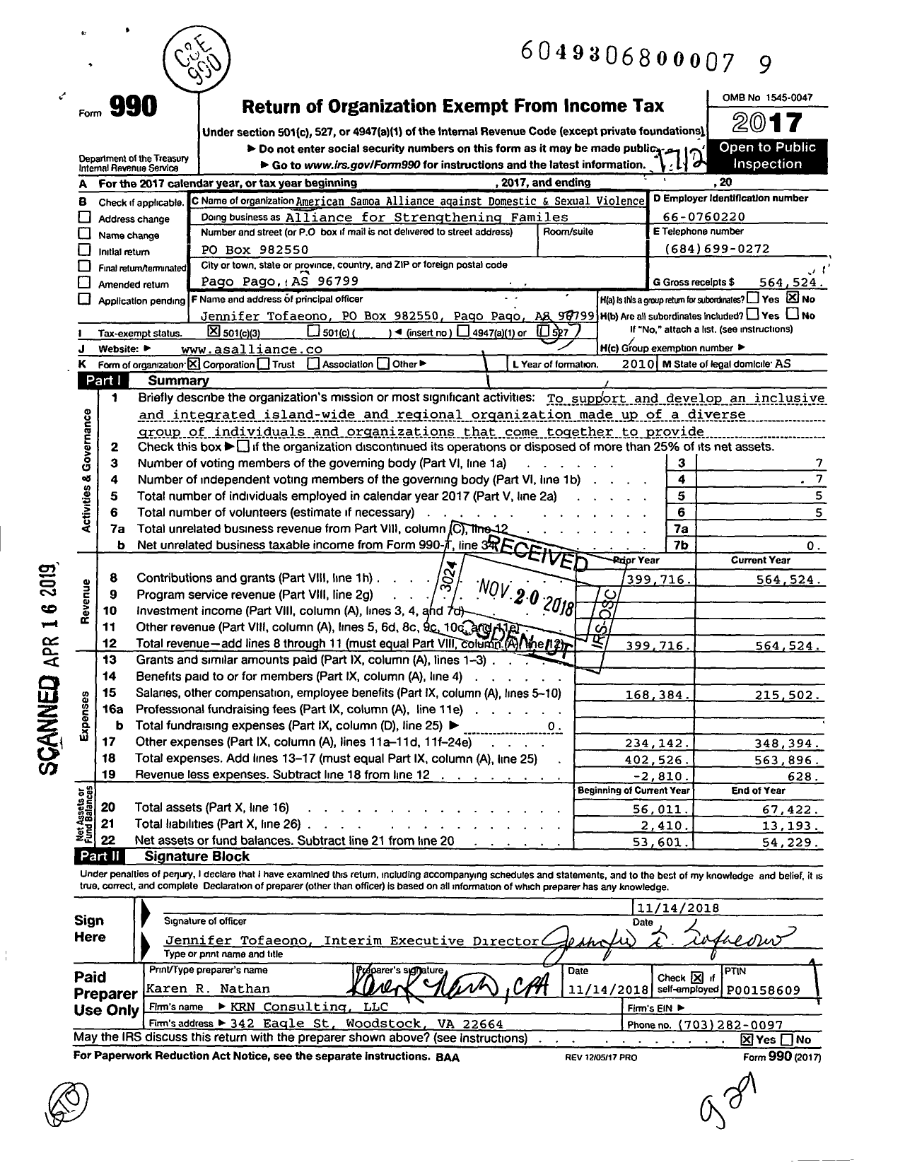 Image of first page of 2017 Form 990 for American Samoa Alliance against Domestic and Sexual Violence