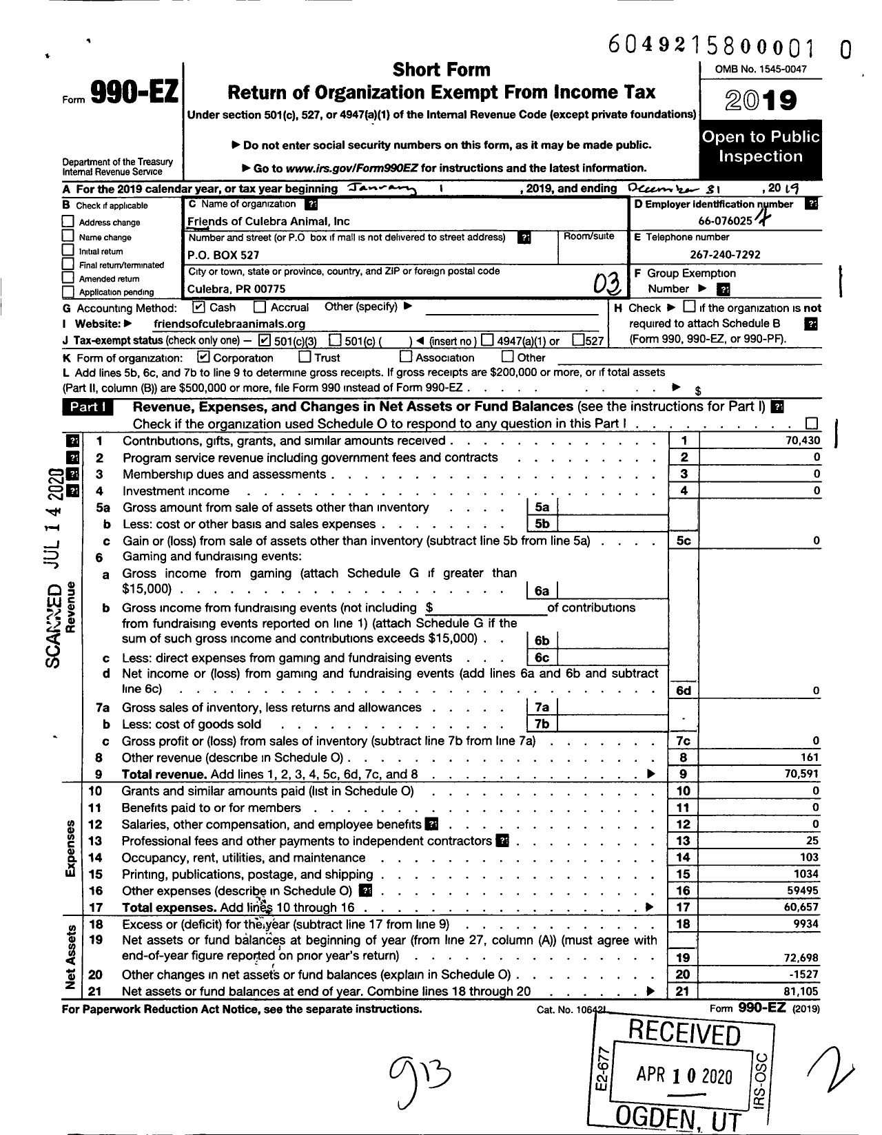 Image of first page of 2019 Form 990EZ for Friends of Culebra Animals