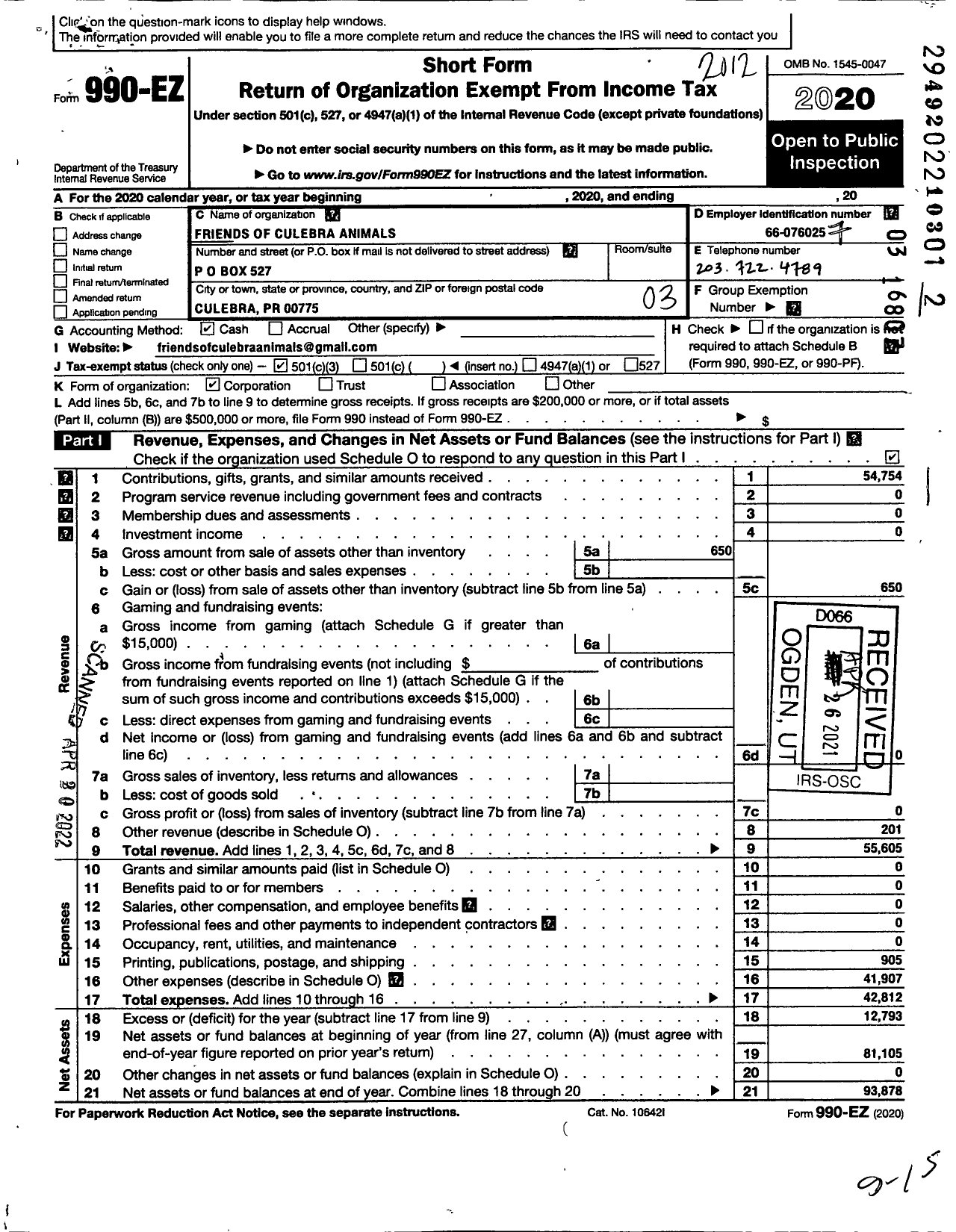 Image of first page of 2020 Form 990EZ for Friends of Culebra Animals