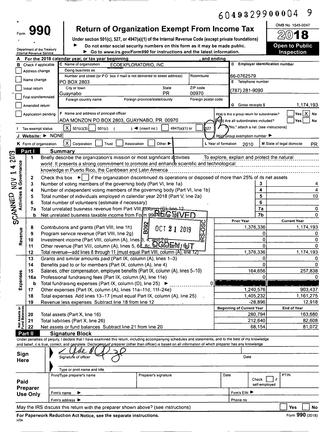 Image of first page of 2018 Form 990 for Ecoexploratorio