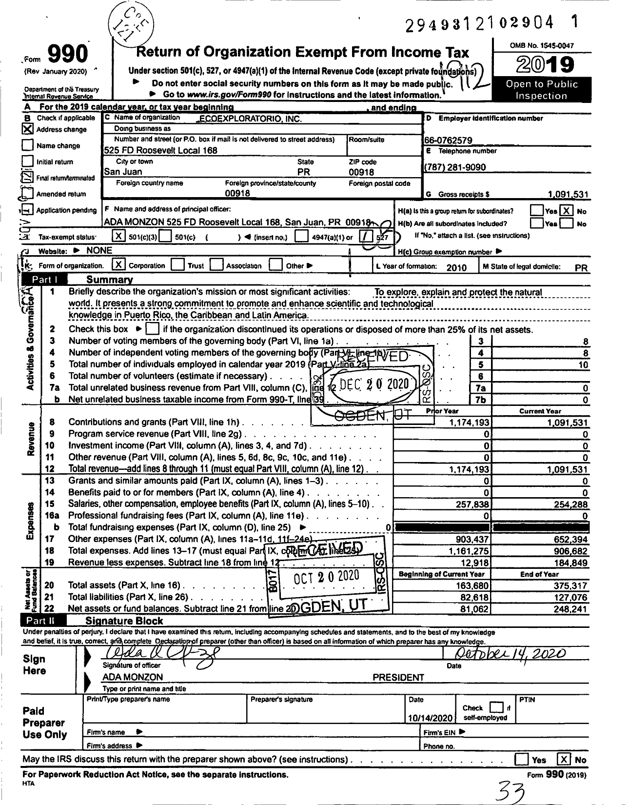 Image of first page of 2019 Form 990 for Ecoexploratorio