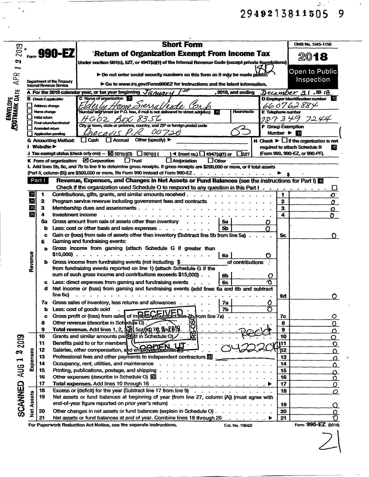 Image of first page of 2018 Form 990EZ for Elderly Home Sierra Verde Corporation