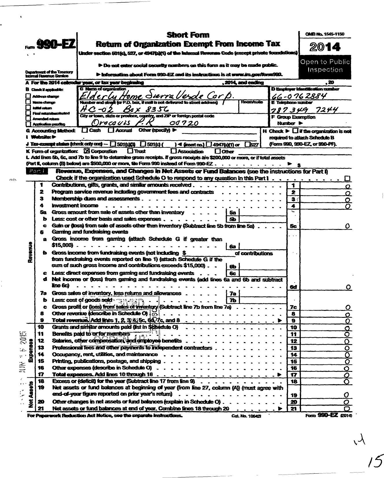 Image of first page of 2014 Form 990EO for Elderly Home Sierra Verde Corporation