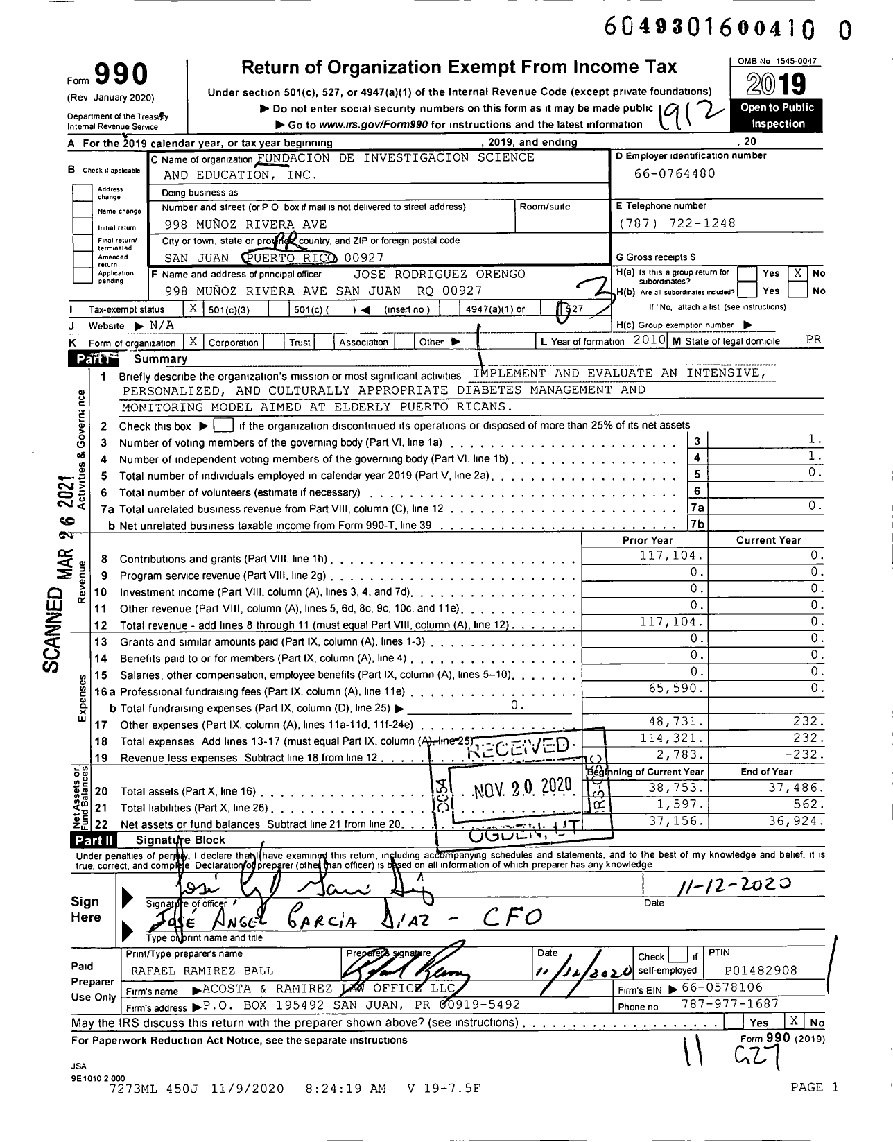 Image of first page of 2019 Form 990 for Fundacion de Investigacion Science and Education